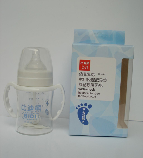 比迪熊寬口徑握把晶鉆玻璃奶瓶150ML