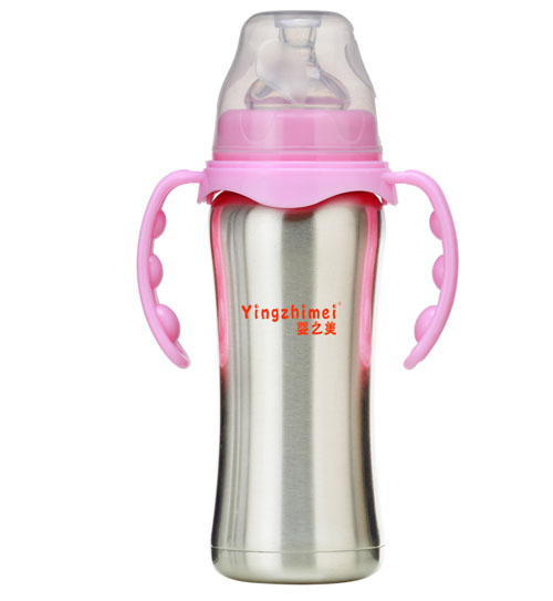 嬰之美寬口雙耳自動不銹鋼保溫奶瓶180ML粉色