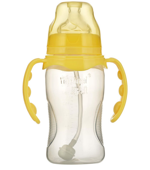 嬰之美寬口雙耳自動弧形PP奶瓶270ML黃色