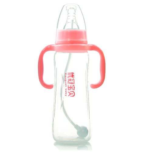 優(yōu)冠寶貝標(biāo)口帶柄自動PP奶瓶300ml紅色