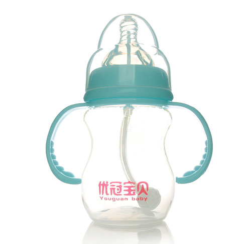 優(yōu)冠寶貝寬口帶柄自動PP奶瓶210ml藍(lán)色