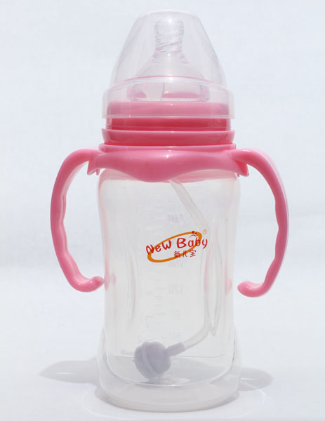 新兒寶粉紅色寬口270ml雙耳自動(dòng)圓腰形PP奶瓶