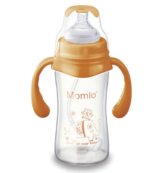 苗苗樂帶手柄嬰兒玻璃奶瓶黃色