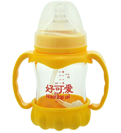 好可愛(ài)寬口自動(dòng)吸管手柄弧形晶鉆玻璃奶瓶120ML