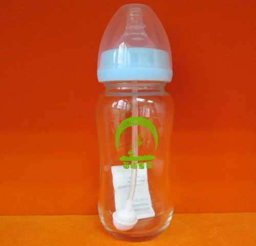 苗哺專家8安寬口弧形抗摔防爆帶自動(dòng)吸管玻璃奶瓶240ml