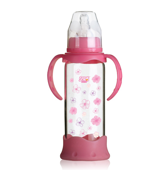 貝嬰奇240ml防爆感溫標口晶鉆玻璃奶瓶-粉色