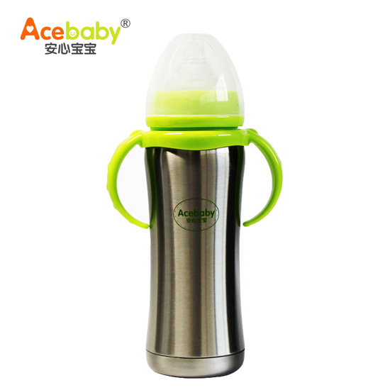 安心寶寶240ml寬口不銹鋼保濕奶瓶綠色帶蓋