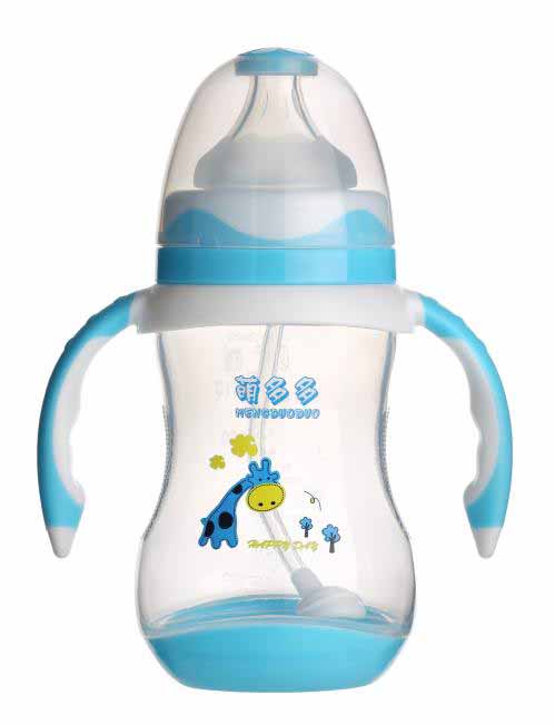 萌多多PP寬口240ml雙色蘭白手柄自動奶瓶藍色