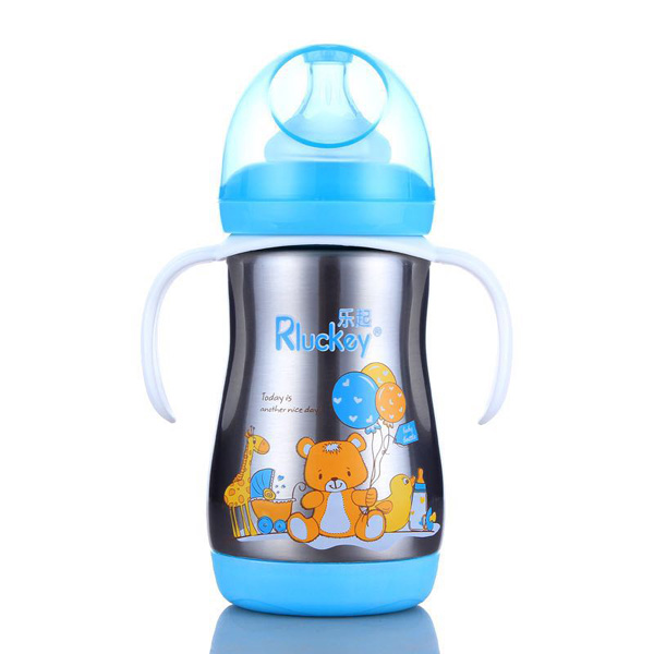 樂起不銹鋼保溫奶瓶 藍色帶柄