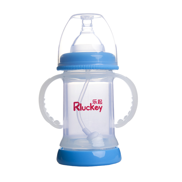 樂起寬口雙層防爆有耳自動(dòng)晶鉆玻璃底部透氣奶瓶150ml藍(lán)色