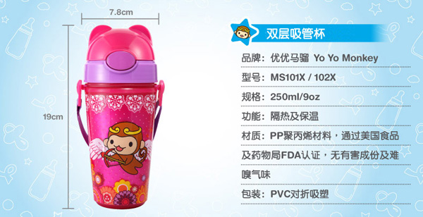 優(yōu)優(yōu)馬騮兒童水杯吸管杯紅色