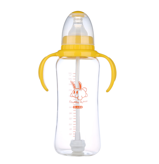 丘比兔玻璃標(biāo)準(zhǔn)口徑葫蘆型自動(dòng)把手奶瓶280ML黃色