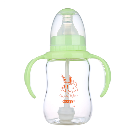 丘比兔標準口徑玻璃葫蘆型自動把手奶瓶120ML綠色