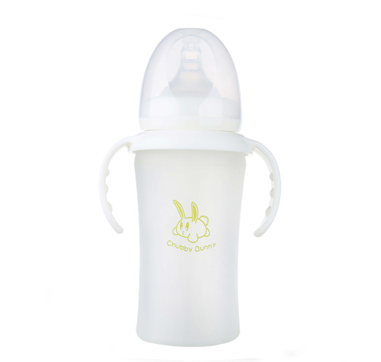 丘比兔硅膠寬口徑自動(dòng)把手奶瓶白色