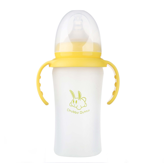 丘比兔硅膠寬口徑自動把手奶瓶黃色