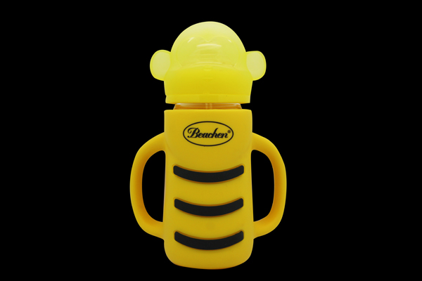 貝臣230ml寬口小蜜蜂硅膠套防摔玻璃奶瓶