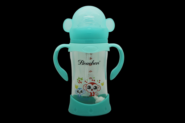 貝臣240ml 寬口弧形晶鉆玻璃帶手柄自動吸奶瓶(帶底墊)