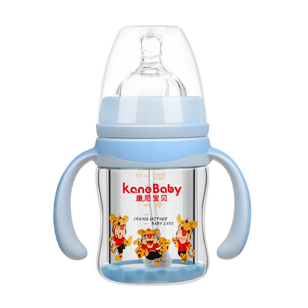 康尼寶貝弧形寬口有柄自動(dòng)防爆玻璃奶瓶120ml 藍(lán)色