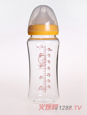 淘氣兔寬口徑無(wú)手柄玻璃奶瓶239ml黃色