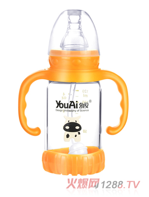 幼愛帶柄自動吸防摔感溫晶鉆玻璃標(biāo)口奶瓶120ml
