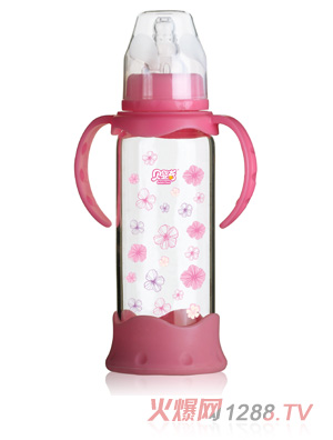 貝嬰奇240ml防爆感溫標口晶鉆玻璃奶瓶-粉色