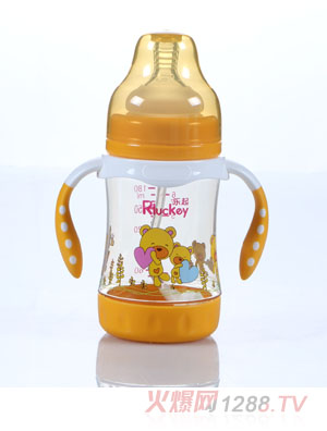 樂起180mL弧形帶柄防滑奶瓶黃色