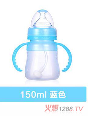 母愛寶寶全硅膠奶瓶yinge寬口徑帶吸管手柄防脹氣新生yinge寶寶藍(lán)
