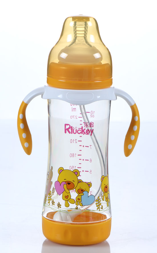 樂(lè)起帶柄寬口徑300ML防滑奶瓶黃色