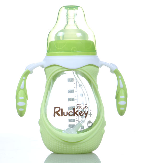 樂(lè)起240ml防摔玻璃奶瓶綠色帶柄